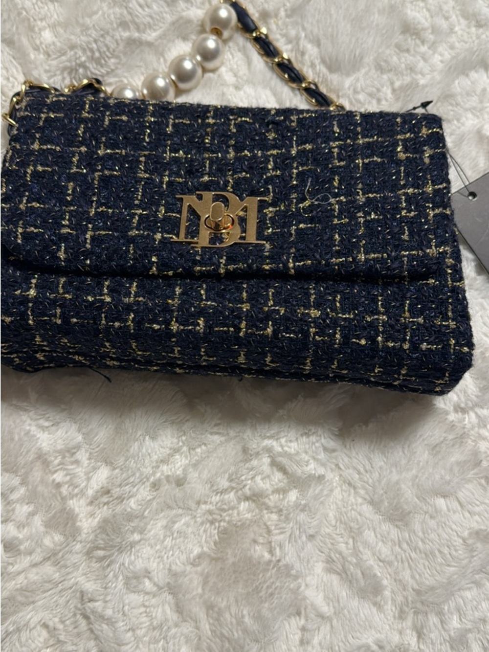 Navy Tweed Crossbody Bag with Pearl Strap